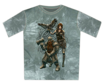 Fantasy Tshirt - Dwarf and Huntress With Owl Tiedye 